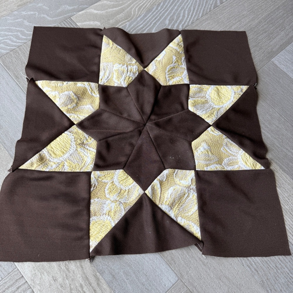 Vintage Handmade Lone Star Quilt Block Brown Yellow Brocade 16x16 Patchwork